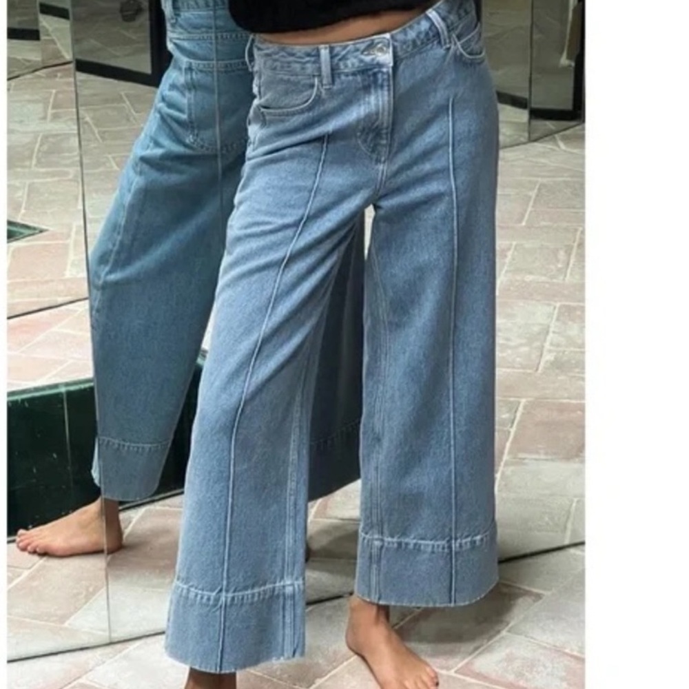 Zara Cropped Wide Leg Jeans high rise blue
